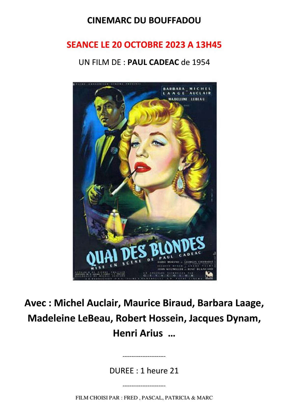 Affiche cinemarc 20 octobre 2023 quai des blondes